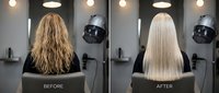 Hair transformation before and after showing blonde woman with curly damaged hair becoming sleek straight platinum blonde in professional salon setting.