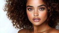 Young African American woman with natural curly hair and glowing skin showcasing professional beauty makeup, glossy lips, and defined brows against white background.