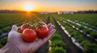 Fresh ripe tomatoes in farmer's hand at sunset over agricultural field rows. Organic farming harvest concept for healthy food production and agriculture.