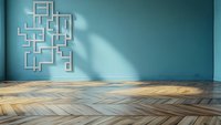 Modern empty room interior with geometric wall decor, herringbone wooden floor pattern, and dramatic sunlight casting shadows on turquoise wall.