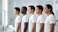 Group of diverse men in white t-shirts standing in bathroom looking at mirror, representing unity, teamwork, and morning routine for health and wellness campaigns.