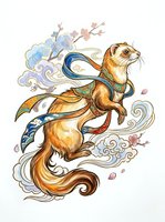 Stylized otter character wearing ornate harness with flowing ribbons and decorative elements, surrounded by swirling clouds and delicate floral accents. Isolated clipart for design projects.