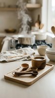Wooden kitchen utensils and bowl on cutting board with steaming pot in background creating cozy cooking atmosphere for culinary content.