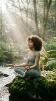 Young African American woman practicing yoga meditation in peaceful forest setting with sunbeams streaming through trees for wellness and mindfulness.