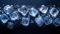 Clear ice cubes with water drops and bubbles scattered on dark background, macro photography showing frozen crystal structure and reflective surfaces.
