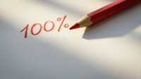 Red pencil writing 100% on white paper showing perfect score achievement and academic excellence concept for education and success.