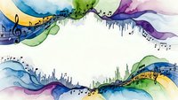 Watercolor music notes flowing in colorful waves with treble clef symbols creating artistic border frame for creative projects and musical designs.