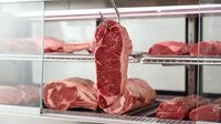 Aged beef cuts hanging in refrigerated storage facility with marbled meat visible, suitable for butcher shop, restaurant, and food industry marketing materials.