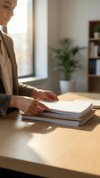 Professional businesswoman reviewing documents at office desk with natural lighting and modern workspace background for corporate presentations.