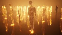 Group of glowing human figures with illuminated skeletal and anatomical systems standing together against warm orange background for medical or scientific visualization.