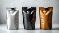 Three coffee bags in white, black and gold metallic colors standing in row on gray background. Mockup for branding and packaging design.