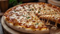 Freshly baked cheese pizza with stretchy mozzarella and golden crust, garnished with herbs. Melted cheese pulls create appetizing strings as slice is lifted.