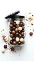 Glass jar filled with assorted chocolate balls in dark, milk and white varieties with cocoa powder scattered on clean white background for confectionery designs.