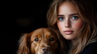 Young Caucasian woman with blue eyes and blonde hair posing with brown dachshund dog against dark background, dramatic portrait showing bond between pet and owner.