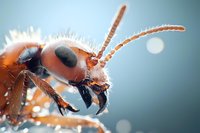 Extreme macro photography of red ant head with detailed view of antennae, mandibles and compound eyes against soft blue bokeh background. Nature study closeup.