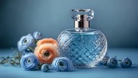 Elegant crystal perfume bottle with diamond pattern surrounded by delicate blue ranunculus and peach-colored flowers on blue background, luxury fragrance concept.