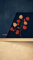 Minimalist floral composition with orange and red abstract flowers on dark blue textured background with love text, modern romantic wall art design.