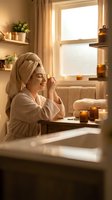 Young woman in bathrobe applying skincare routine in cozy bathroom with candles and natural light for wellness and self-care moments.