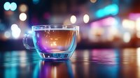 Transparent glass coffee cup with warm beverage on reflective surface against colorful bokeh city lights background creating cozy evening cafe atmosphere.