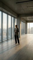 Professional businesswoman standing in modern office space with floor-to-ceiling windows overlooking urban cityscape during golden hour lighting.