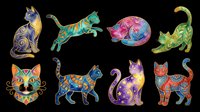 Colorful decorative cats with ornamental patterns isolated on transparent background, ready for t-shirt design, clipart, stickers, sublimation and print-on-demand projects.