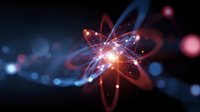 Glowing atomic model with orbiting electrons and energy particles on dark background, illustrating quantum physics and nuclear science concepts.
