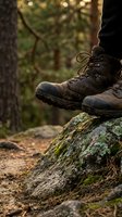 Hiker resting worn leather boots on mossy fallen log during forest trail adventure with warm sunlight filtering through trees creating peaceful outdoor moment.