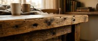 Rustic wooden table surface with coffee cups in cozy home interior. Warm natural wood texture creates inviting atmosphere for kitchen and dining room decor.