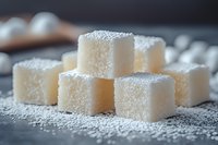 White sugar cubes stacked in pyramid formation on dark surface with powdered sugar dusting, macro food photography showing sweet crystalline texture and soft lighting.