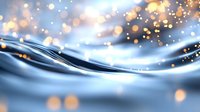 Flowing liquid surface with golden bokeh lights and glowing particles creating magical atmosphere. Abstract background for luxury product presentation.