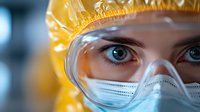 Close up view of medical worker wearing protective yellow hazmat suit, safety goggles and N95 face mask showing determined blue eyes during pandemic response.