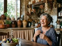 Senior woman with gray hair and light skin tone, wearing casual blue shirt, smiling in rustic kitchen with copper cookware, dried herbs, and fresh produce for culinary lifestyle content.