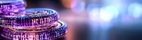 Futuristic fiber optic cables with purple and blue light trails creating abstract technology background for digital communication and data transfer concepts.