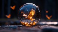 Glowing phoenix rises in crystal ball with magical orange butterflies against dark background, creating mystical fantasy atmosphere for spiritual and magical designs.