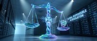 Digital justice scales hologram with AI technology in futuristic courtroom environment for legal tech and artificial intelligence applications.
