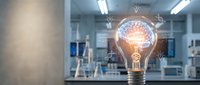 Glowing light bulb with brain inside floating in modern laboratory setting with scientific equipment and network connections representing innovation and research.