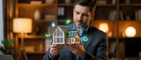 Man in business suit holding sustainable house model with renewable energy icons in modern office environment.