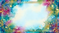 Colorful watercolor ink splashes with gold ornamental frame border on white background, suitable for invitations, posters, and design templates.