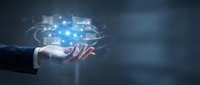 Businessman hand holding glowing digital network interface with connected data nodes and circuit patterns, representing technology innovation and cloud computing solutions.