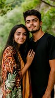 Young Middle Eastern couple embracing outdoors, woman wearing floral dress showing engagement ring, man in black t-shirt, natural green background setting.