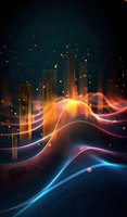 Abstract digital cityscape with glowing wave patterns in orange and blue tones, featuring dotted skyscrapers and floating particles perfect for technology and business presentations.