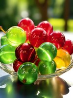 Colorful bath oil pearls in glass bowl with red, green and yellow translucent spheres creating spa atmosphere. Natural light and reflective surface enhance glow.