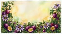 Passion fruit and purple flowers frame a soft watercolor background with yellow and green tones, ideal for botanical designs, packaging, and decorative borders.