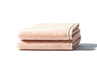 Stack of folded soft pink cotton bath towels on white background with natural shadow, isolated. Clean fresh spa and bathroom accessories for home decor and lifestyle.