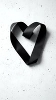 Black ribbon twisted into a heart shape on a textured white background, monochrome minimalist composition for love, grief, or awareness themes.
