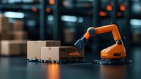 Automated robotic arm in modern warehouse sorting cardboard boxes on dark background with orange ambient lighting. Smart logistics concept.