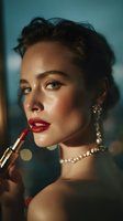 Young woman applying red lipstick with pearl necklace and earrings against teal background. Elegant makeup with glowing skin for luxury cosmetics advertising.