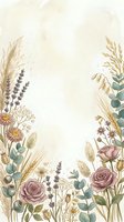 Watercolor botanical frame with dried wheat, lavender, roses, and eucalyptus on cream background. Isolated design element suitable for wedding invitations, greeting cards, and stationery projects.