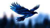 Blue raven in flight with spread wings against blurred urban cityscape background, symbolizing freedom and power in modern environment.