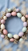 Pastel colored Easter egg wreath with dried flowers on rustic wooden background for spring holiday decoration and seasonal home decor projects.